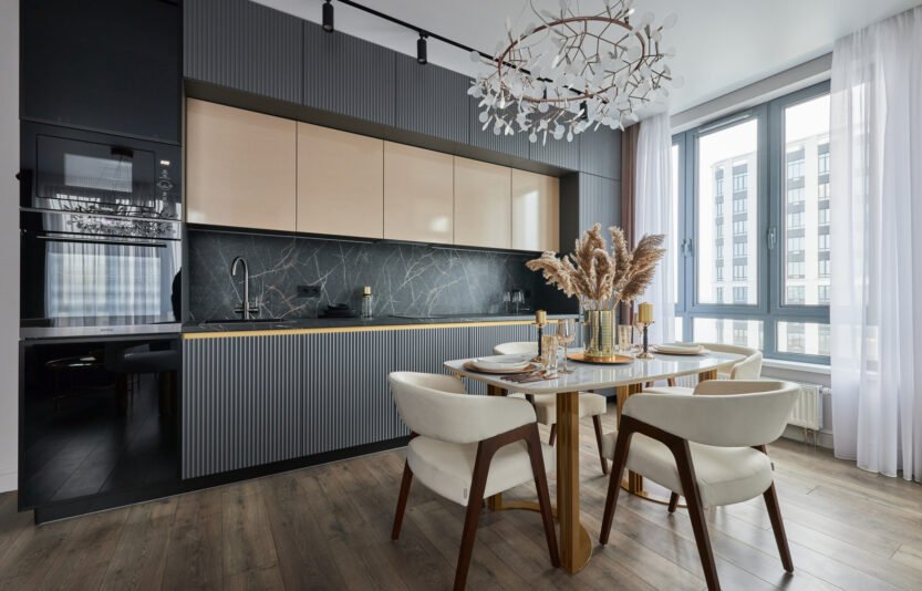 Modern interior of studio apartment in gray and  white colors an