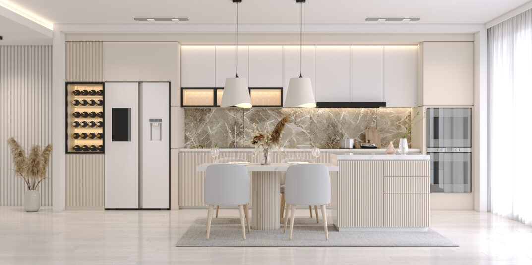 Modern Contemporary kitchen  room interior .white and cream color material 3d render